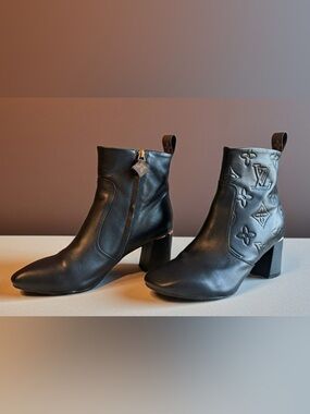 Louis Vuitton Black Leather Embossed Monogram Ankle Boots